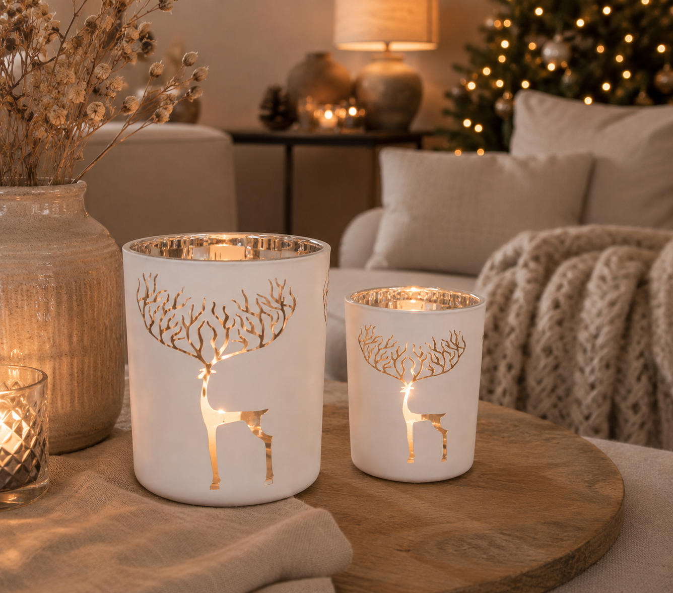 Set Windlichten Hert Wit | Luxe Glazen Waxinelichthouders 2-delig