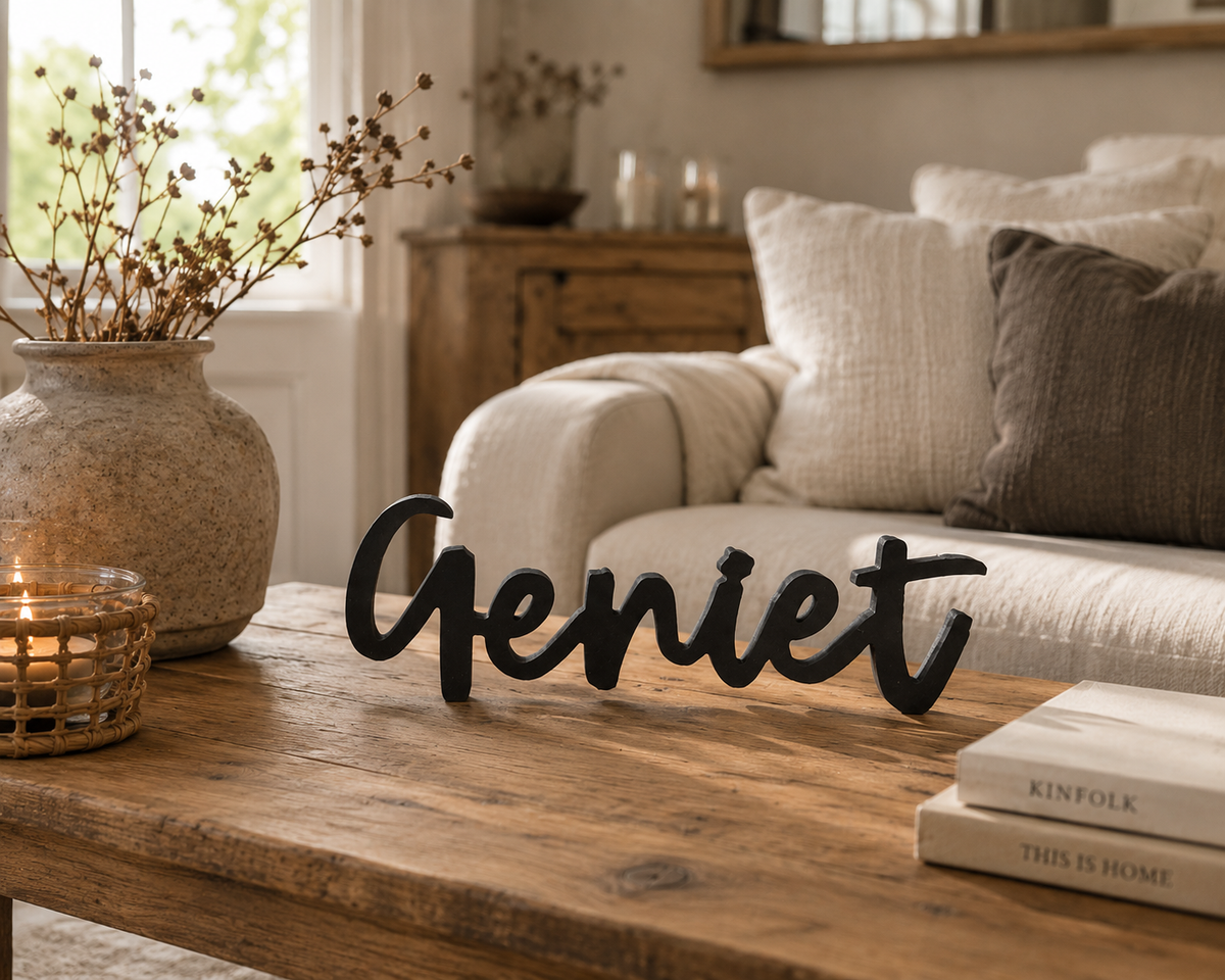 Decoratief Woord GENIET | Zwarte Houten Tekstdecoratie