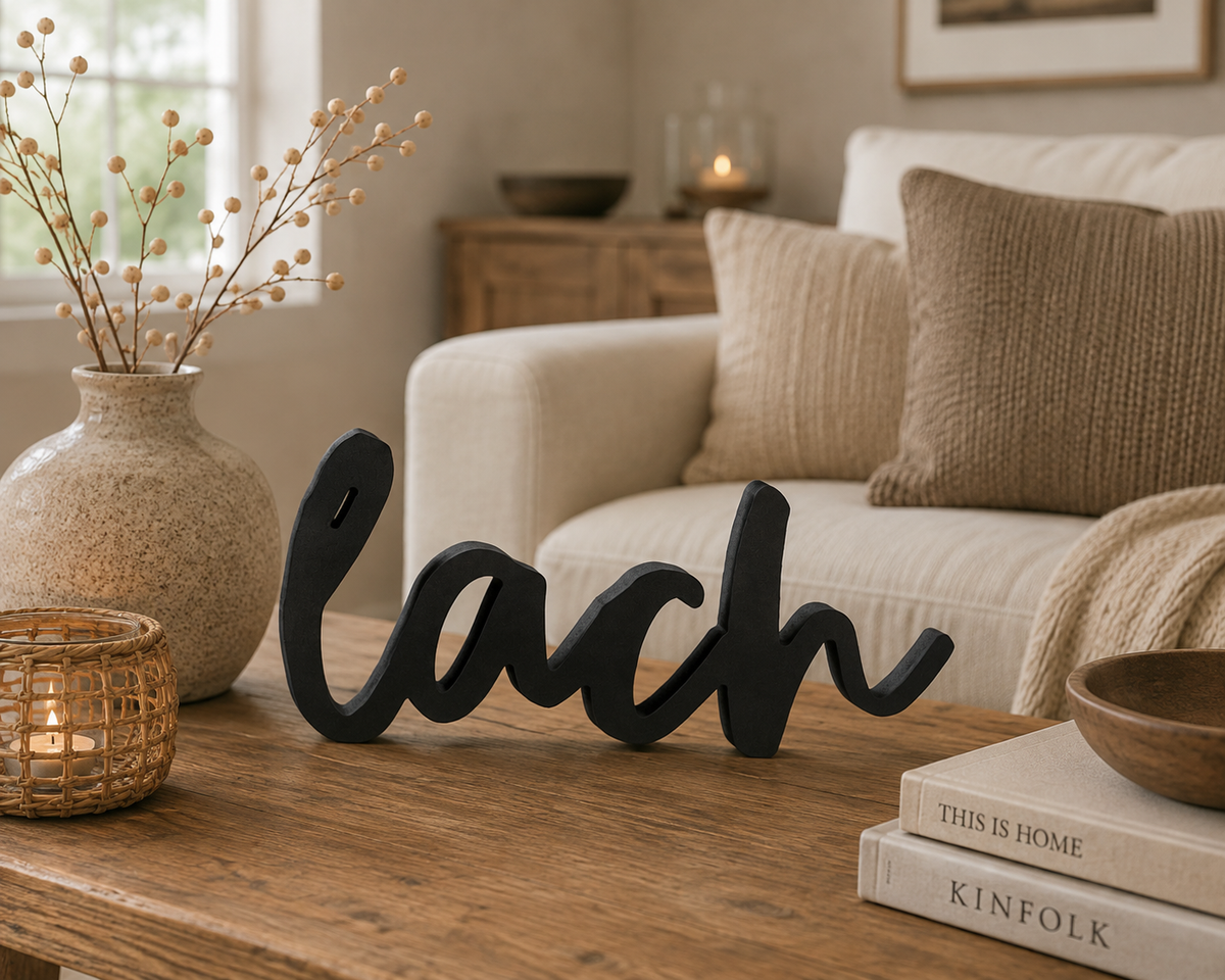 Decoratief Woord LACH | Zwarte Houten Tekstdecoratie
