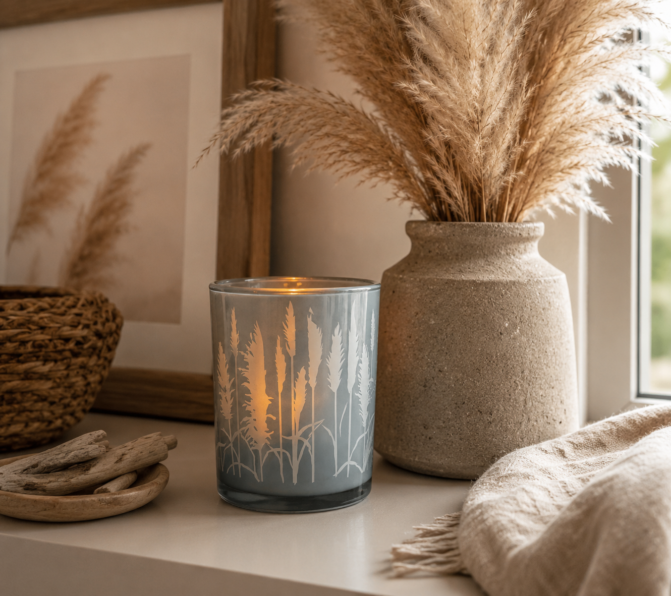 Windlicht Siergras Groen | Glazen Waxinelichthouder