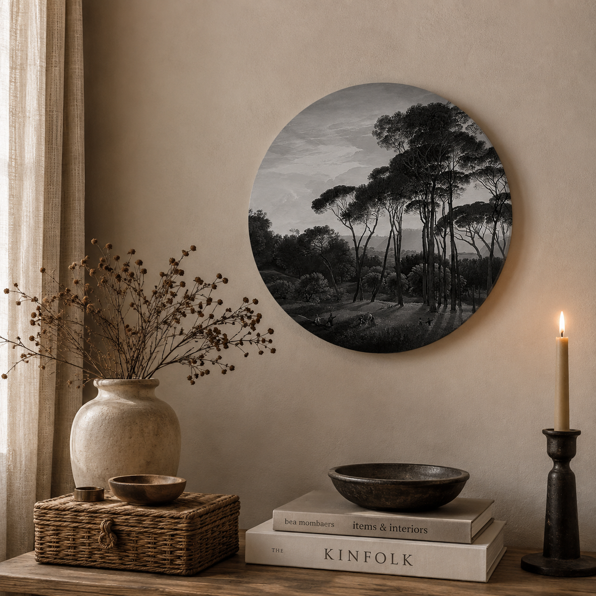 Muurcirkel Bos Zwart-Wit | Landschap Wanddecoratie 30 cm