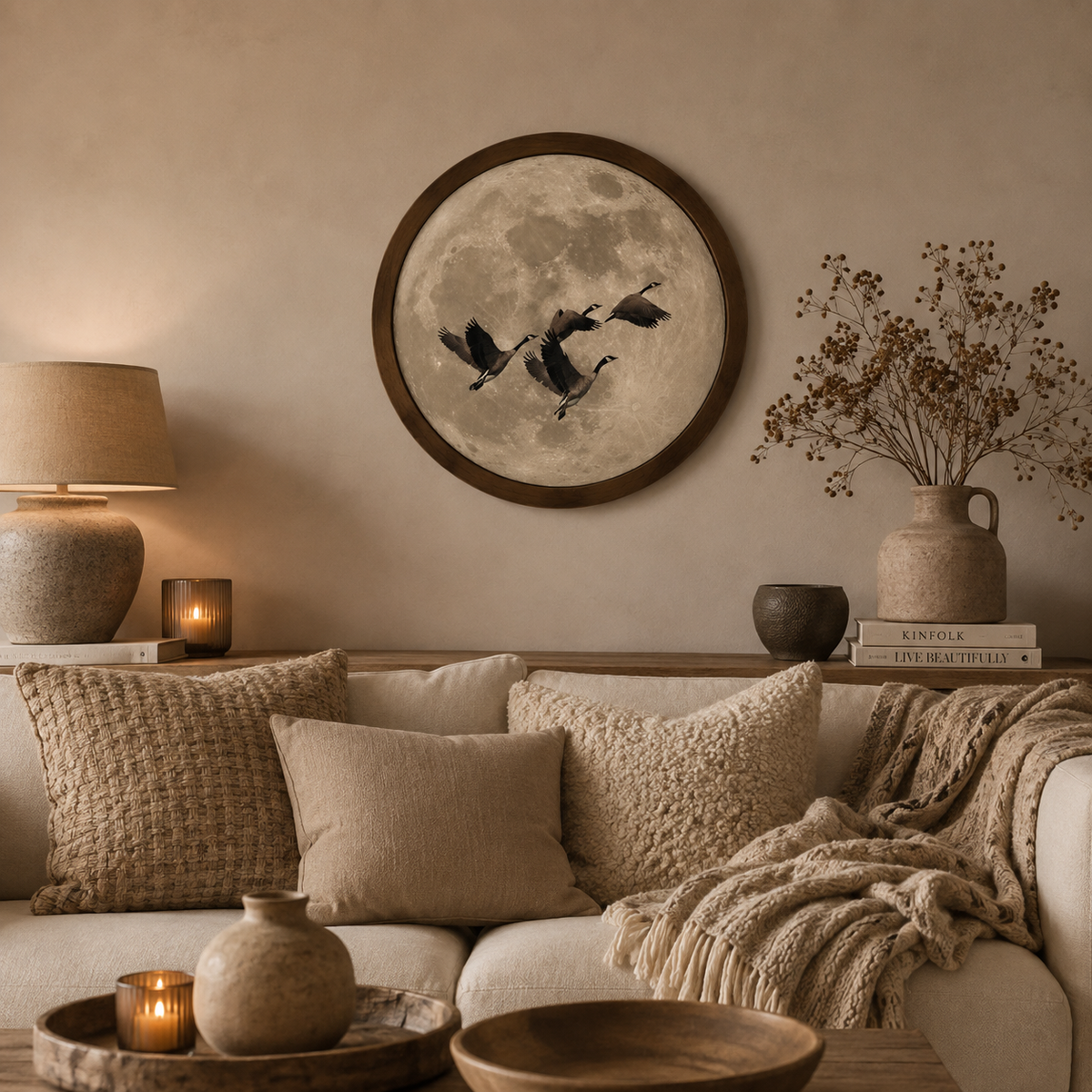 Muurcirkel Ganzen Bij Volle Maan | Wanddecoratie 30 cm