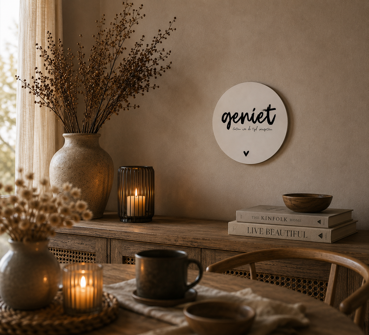 Muurcirkel Geniet, Laten We De Tijd Vergeten | Wanddecoratie Met Tekst 20 cm