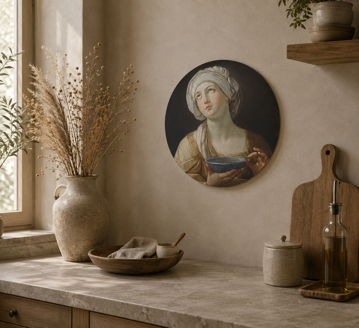 Muurcirkel Meisje met Blauwe Kom | Klassieke Wanddecoratie 30 cm