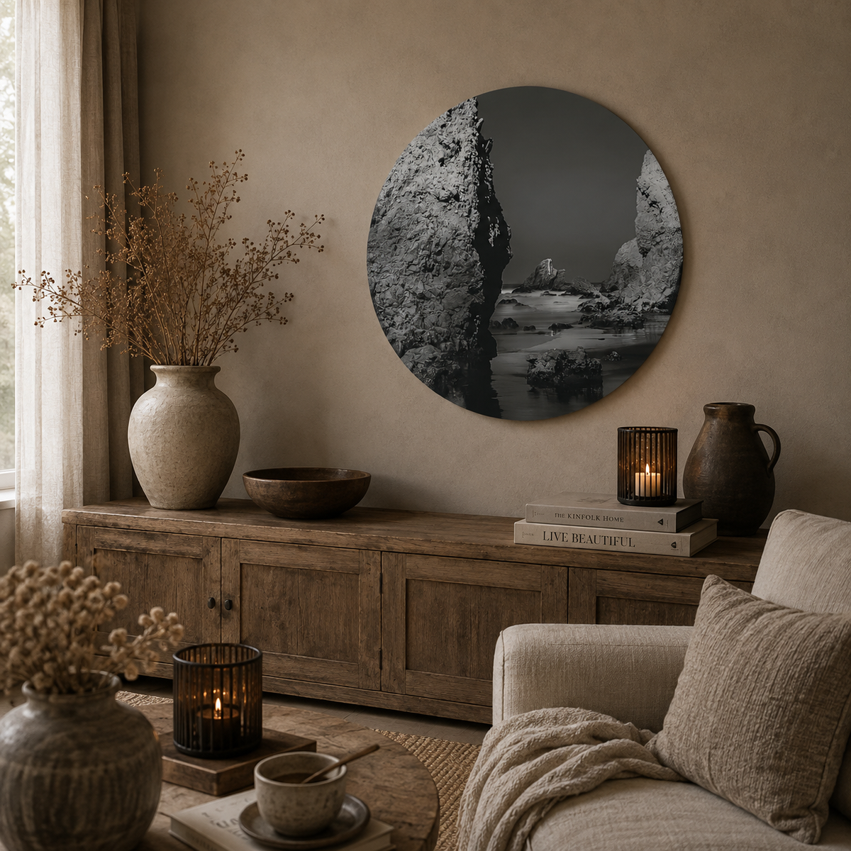 Muurcirkel Rotskust Zwart-Wit | Natuurlijke Wanddecoratie 40 cm