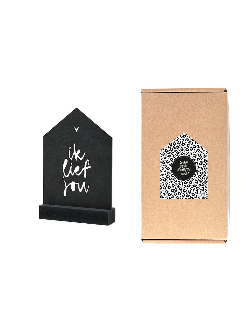 Cadeaupakket - Zwart houten huisje met tekst 'ik lief jou'