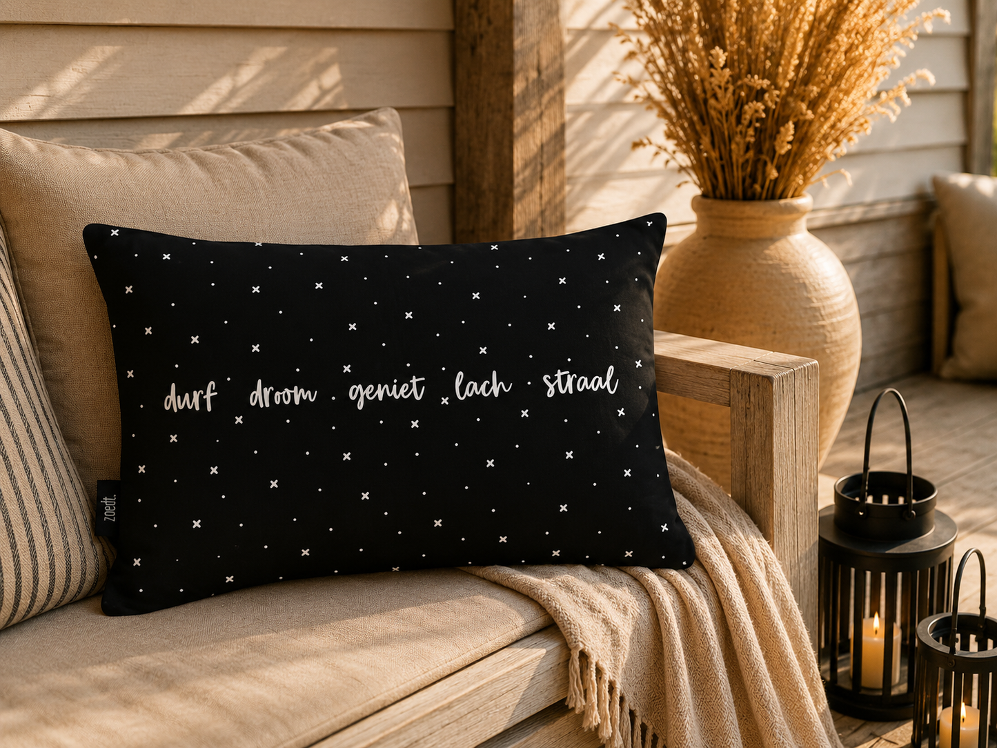 Buitenkussen Durf Droom Geniet Lach Straal Zwart | Waterafstotend 40x60 cm