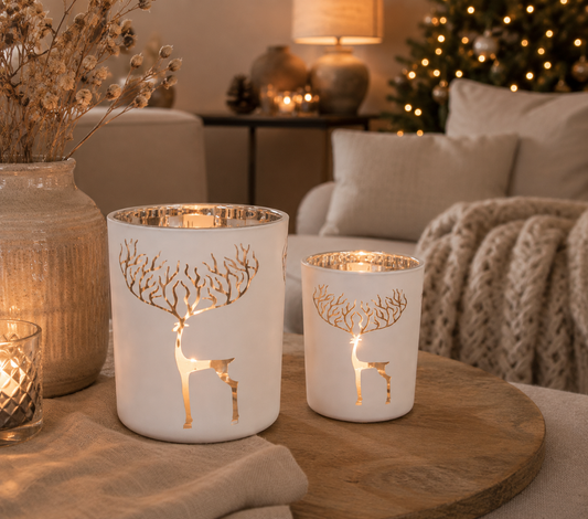 Set Windlichten Hert Wit | Luxe Glazen Waxinelichthouders 2-delig