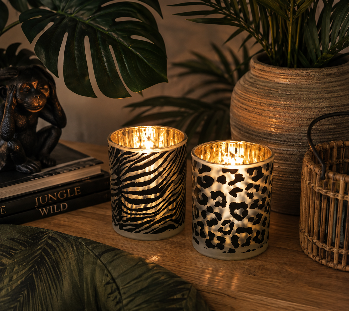 Set Windlichten Zebra & Luipaard | Dierenprint Windlichten 2-delig