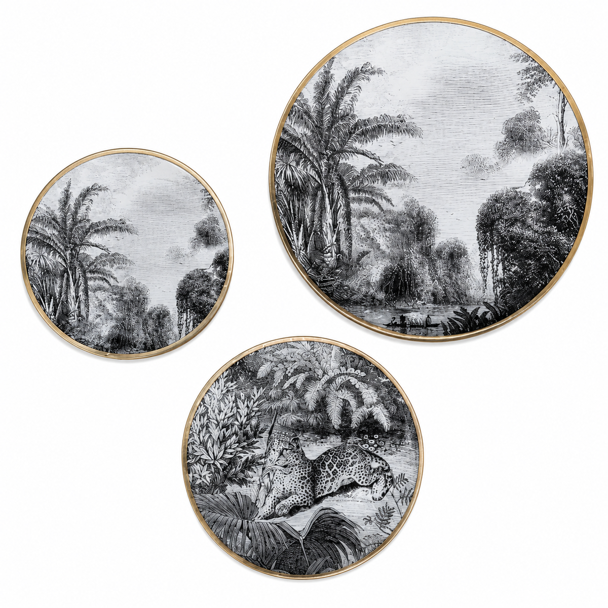 Glazen Wandborden Goud met Palmbomen | Set van 3 Decoratieve Borden