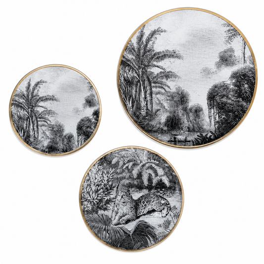 Glazen Wandborden Goud met Palmbomen | Set van 3 Decoratieve Borden