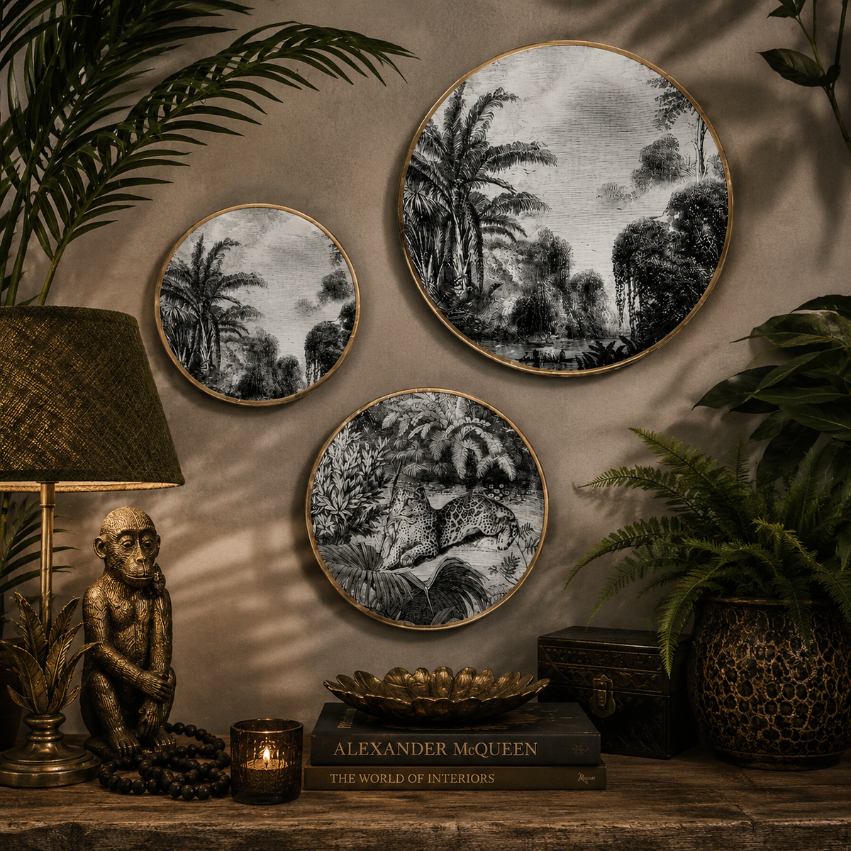 Glazen Wandborden Goud met Palmbomen | Set van 3 Decoratieve Borden