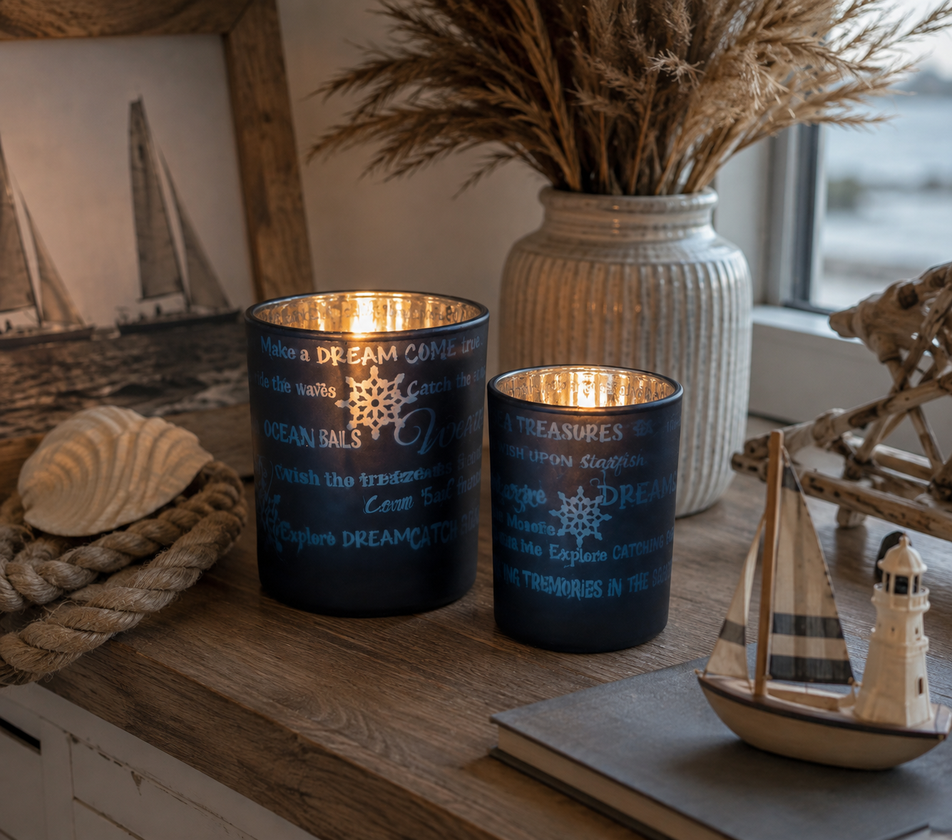 Set Windlichten Ocean Dreams | Blauw Glas 2-delig