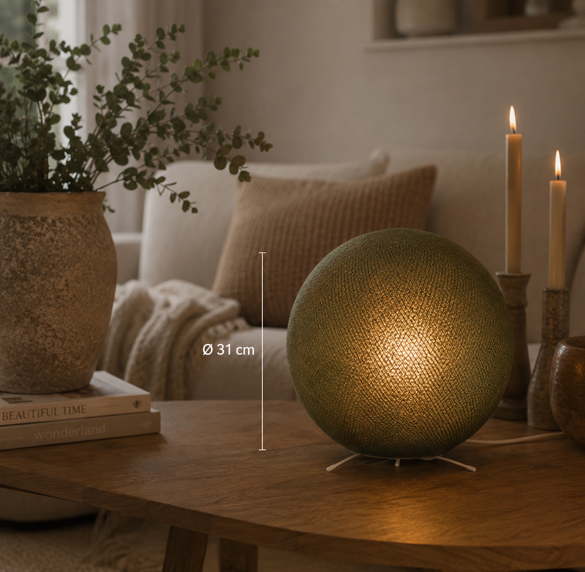Staande Lamp Kaki 31 cm | Handgemaakte Cotton Ball Lamp