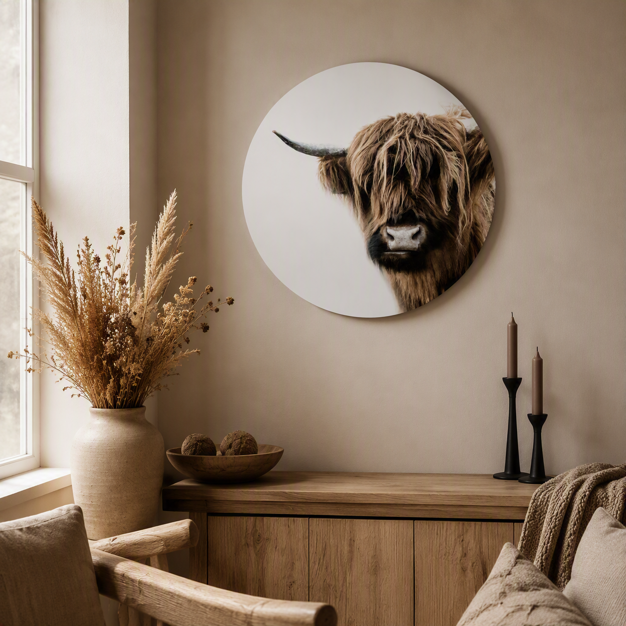 Muurcirkel Schotse Hooglander Wit | Landelijke Wanddecoratie
