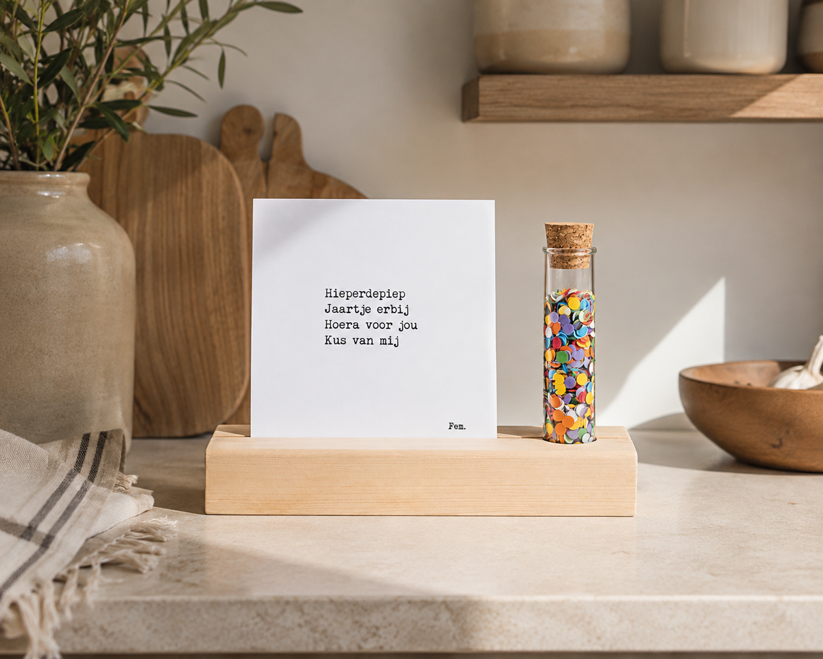 Plankplezier Feest Confetti | Houten Kaarthouder Met Wensflesje
