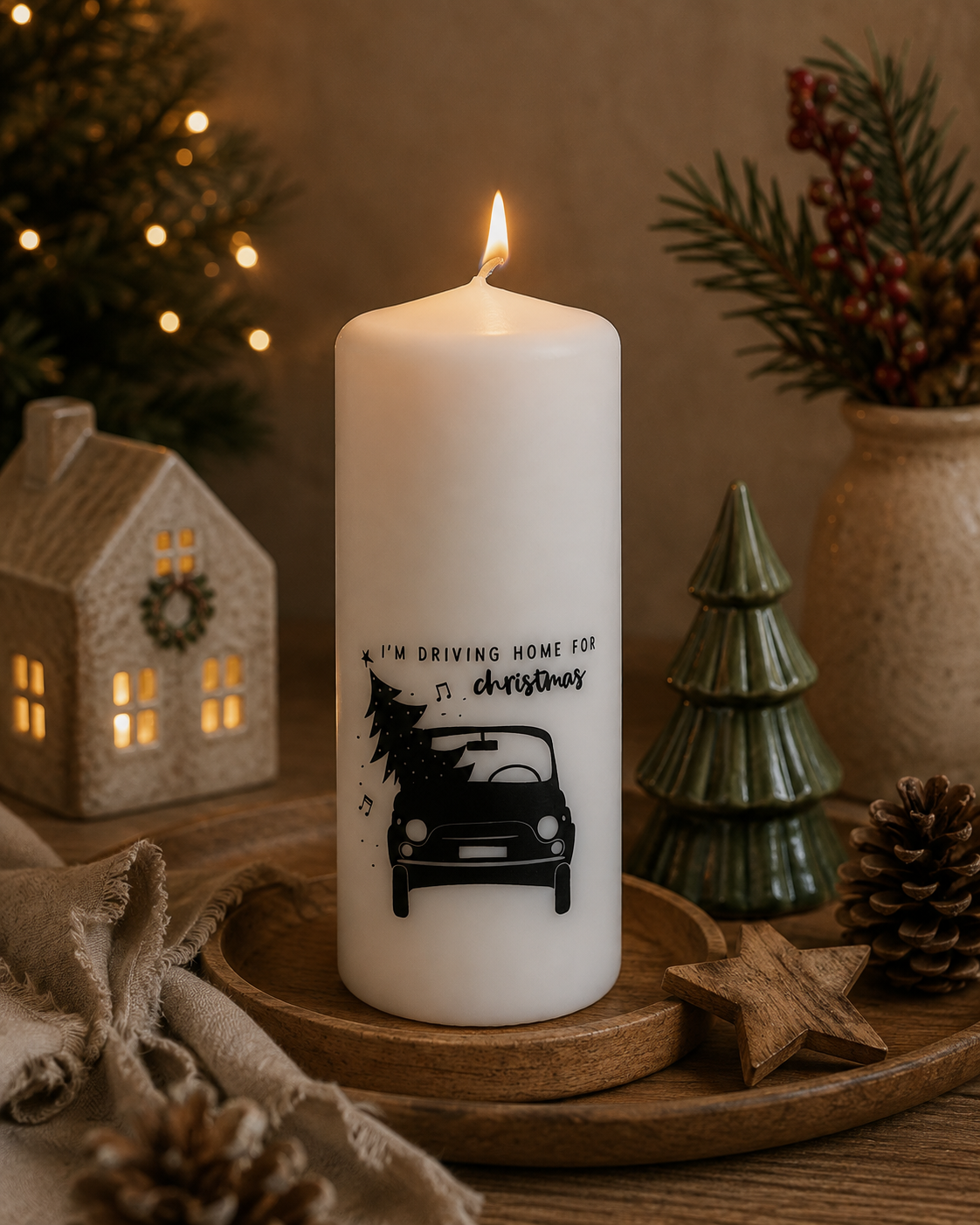 Kaars I'm Driving Home For Christmas | Witte Kerstkaars 15 cm