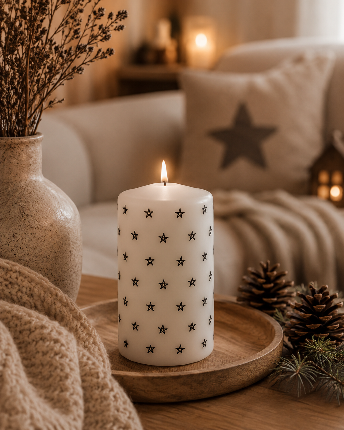 Kaars Sterrenpatroon | Witte Decoratiekaars 10 cm