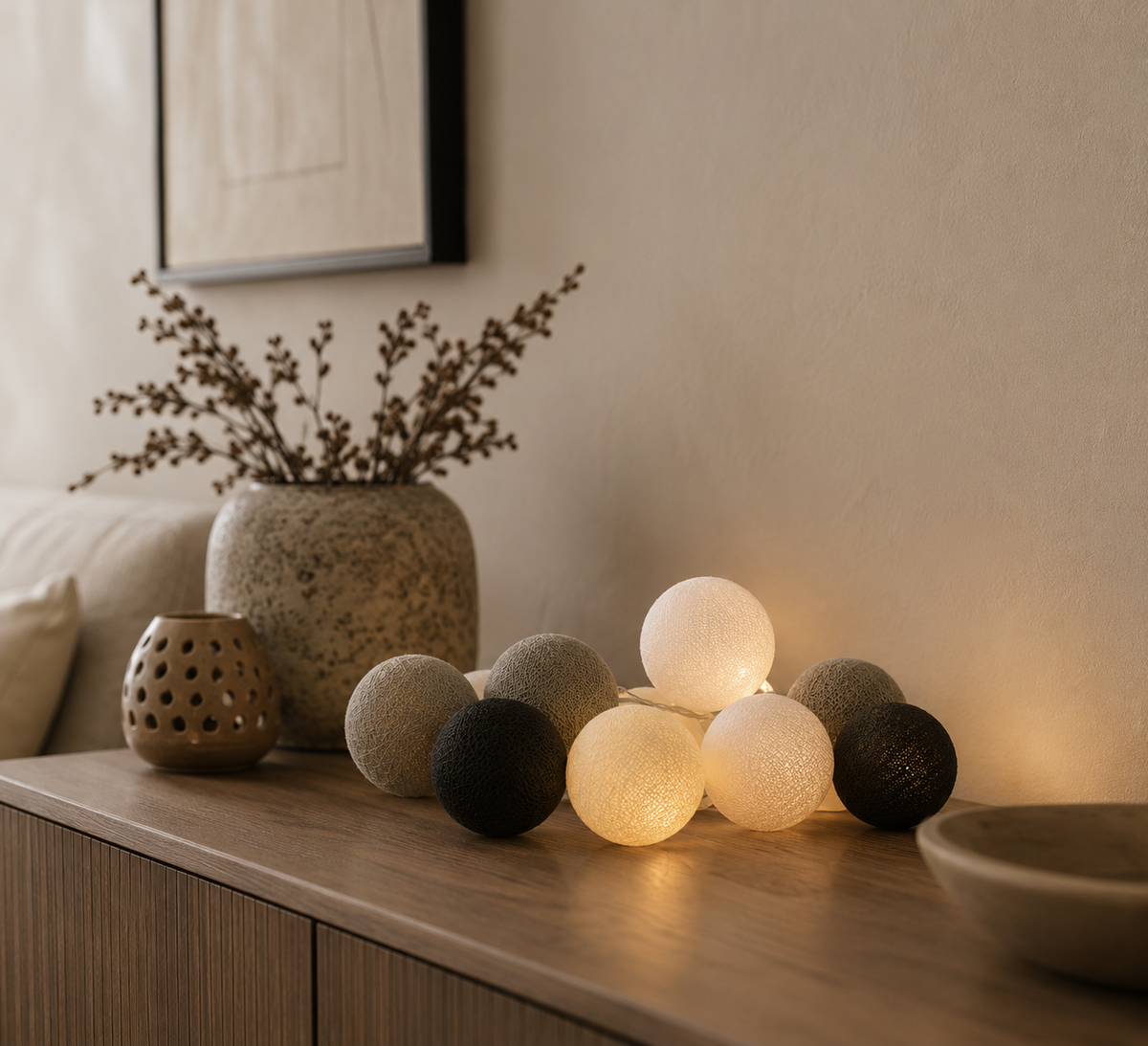 Lichtslinger Taupe | Fairtrade Cotton Ball Lights Met 10 Lampjes