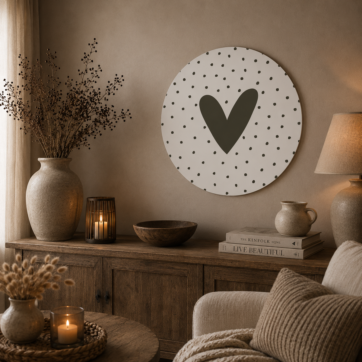 Muurcirkel Olijfgroen Hart met Dots | Wanddecoratie 40 cm