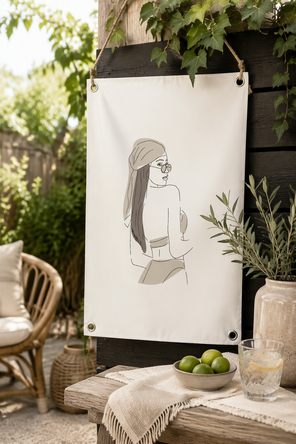 Tuinposter Lijntekening Vrouw Met Bandana | Moderne Buitenposter 60 x 80 cm