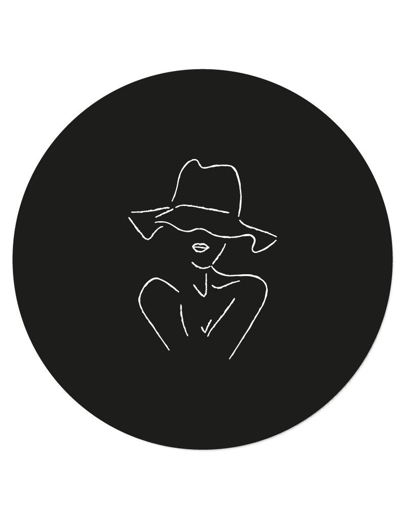 Muurcirkel - Zwart met lijntekening vrouw met hoed