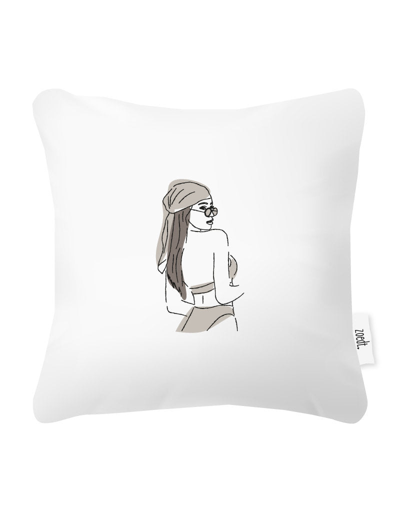 Buitenkussen - Lijntekening vrouw met bandana en scooter
