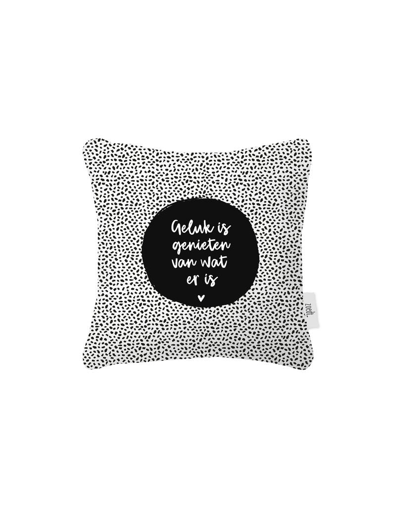Buitenkussen - Wit met tekst 'Geluk is genieten van wat er is' - Lounge&Lifestyle